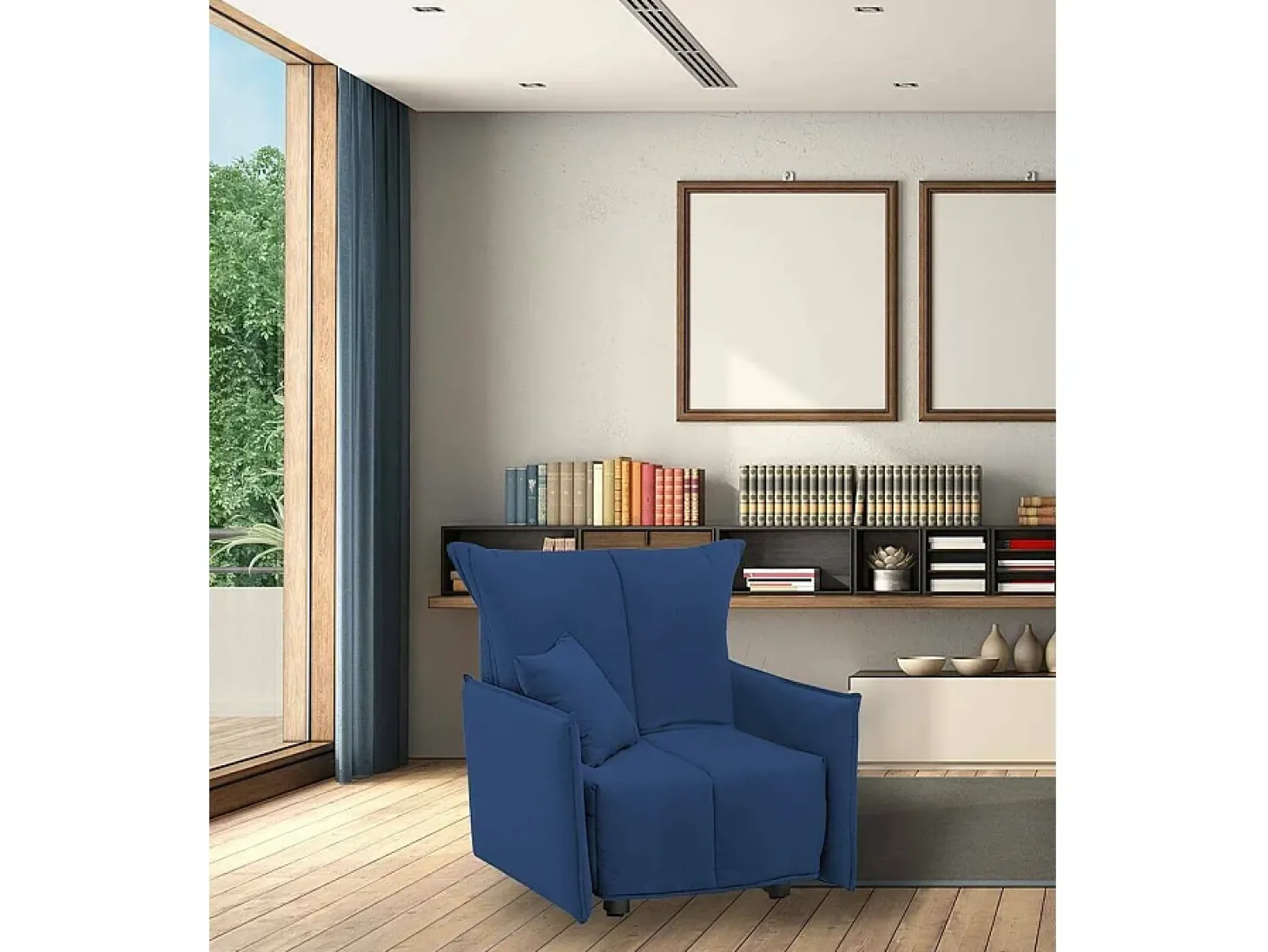 Sofá-cama Dabari, Sofá individual, 100% Fabricado na Itália, Poltrona de ala com abertura para carrinho, em tecido acolchoado, com braço padrão, 110x90h85 cm, Azul