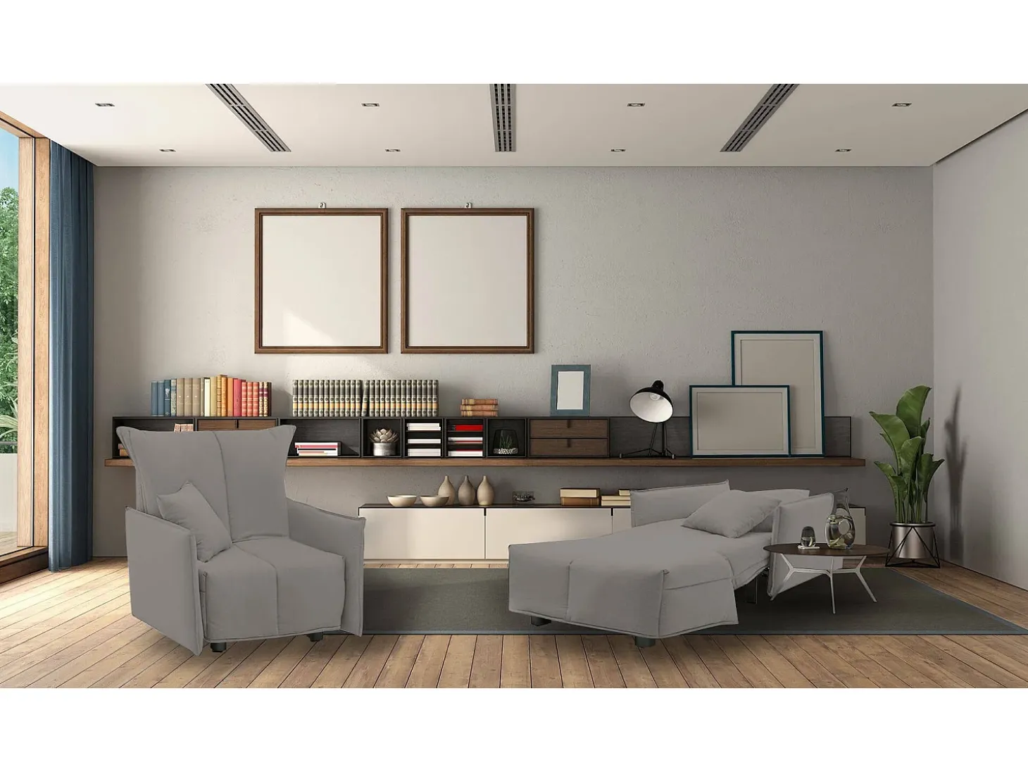 Sofá-cama Dabari, Sofá individual, 100% Fabricado na Itália, Poltrona de ala com abertura para carrinho, em tecido acolchoado, com braço padrão, 110x90h85 cm, Cinza