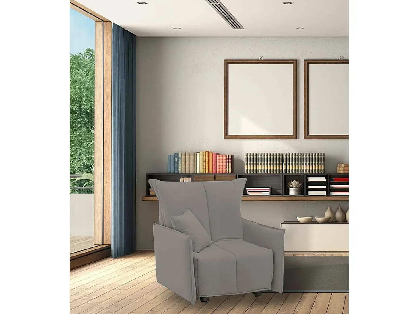 Sofá-cama Dabari, Sofá individual, 100% Fabricado na Itália, Poltrona de ala com abertura para carrinho, em tecido acolchoado, com braço padrão, 110x90h85 cm, Cinza