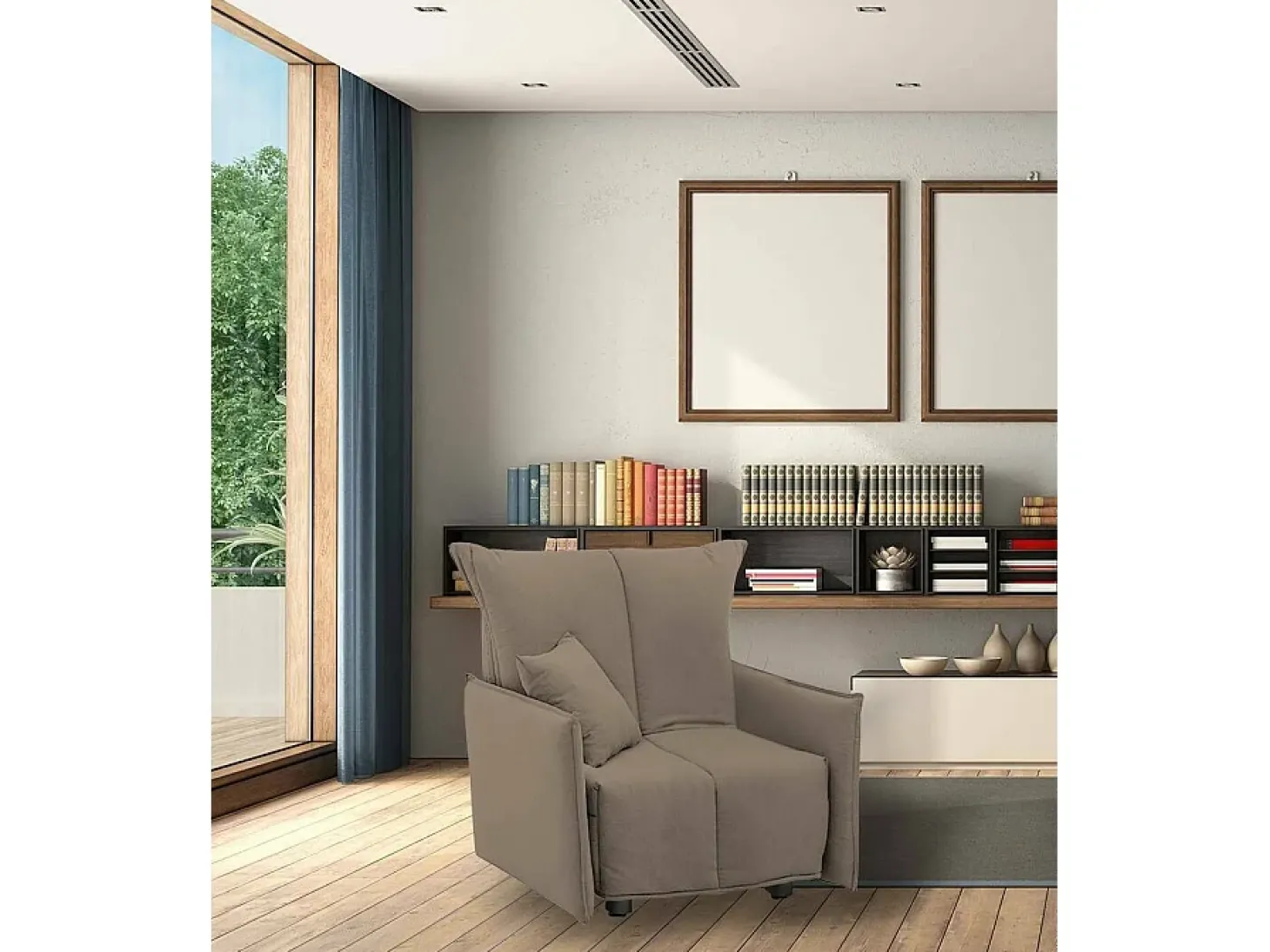 Sofá-cama Dabari, Sofá individual, 100% Fabricado na Itália, Poltrona de ala com abertura para carrinho, em tecido acolchoado, com braço padrão, Cm 110x90h85, Taupe