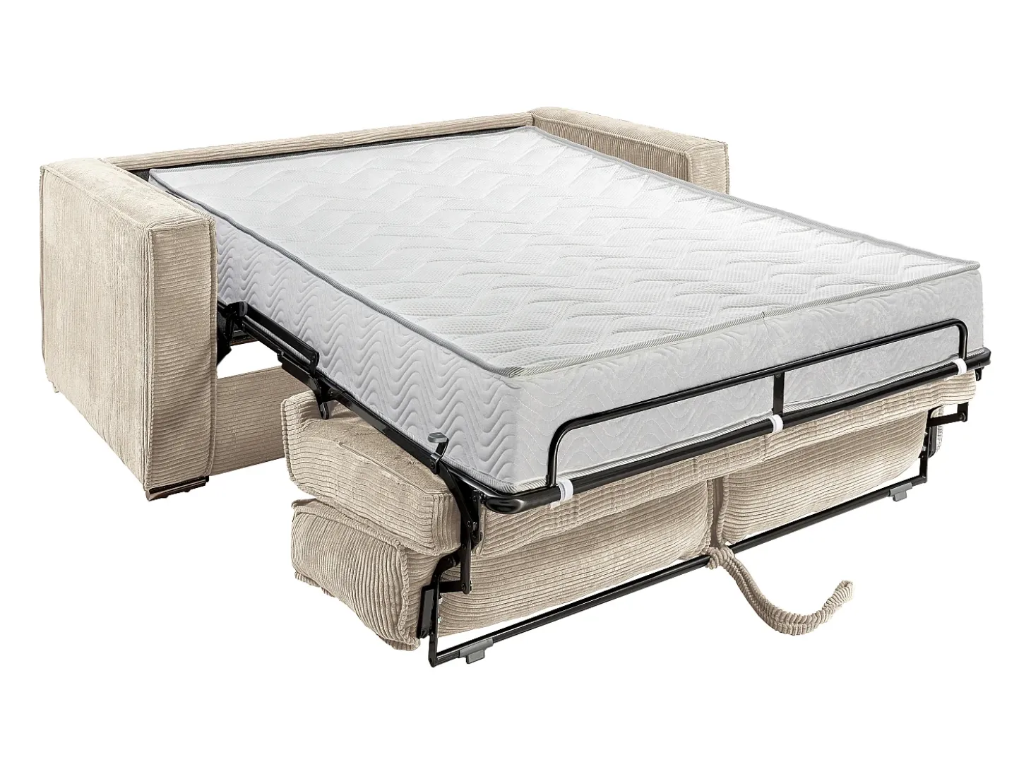 Sofá-cama de 160 cm em veludo canelado bege assento com assento de memória de forma ripas largas colchão 22 cm LORETO