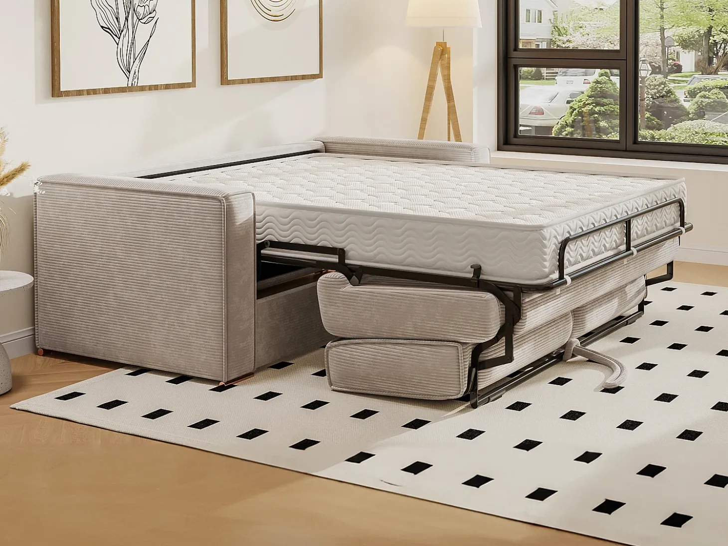 Sofá-cama de 160 cm em veludo canelado bege assento com assento de memória de forma ripas largas colchão 22 cm LORETO