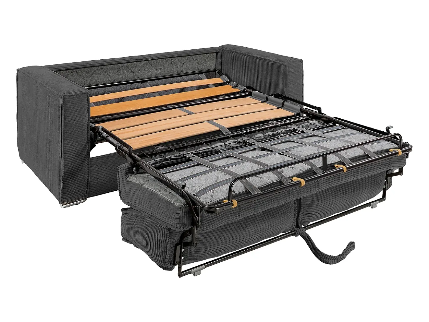Sofá-cama de 160 cm em veludo canelado antracite com assento com assento de memória de forma, ripas largas e colchão de 22 cm LORETO