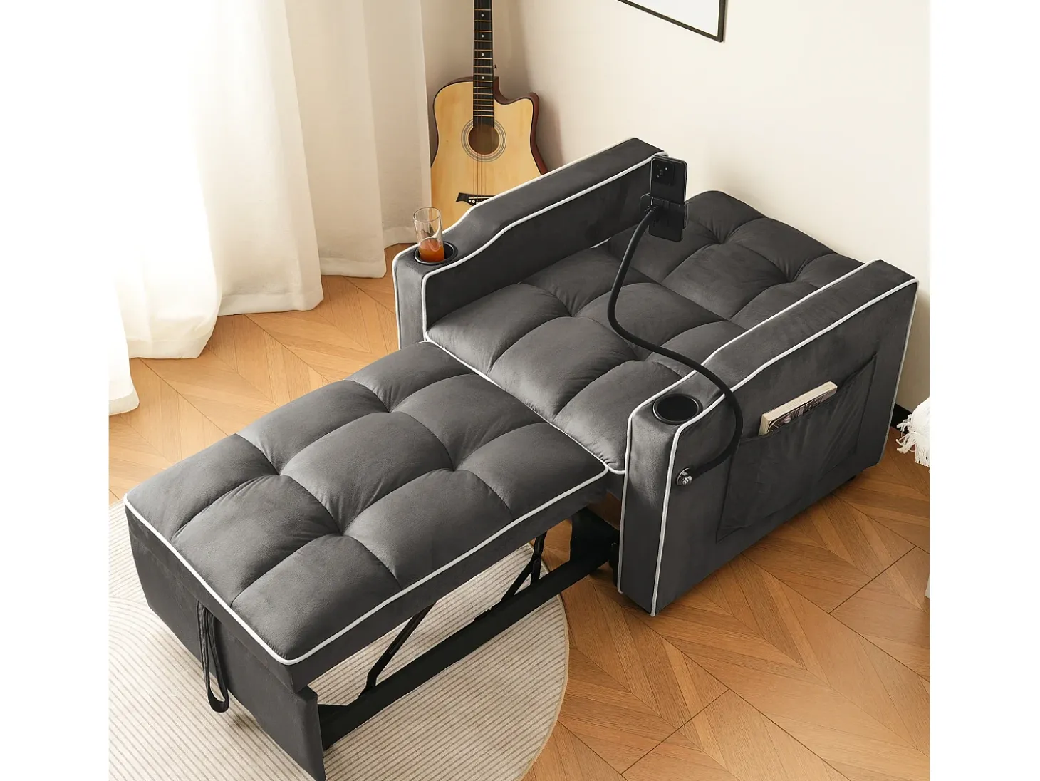 Sofá-cama de 1 lugar com porta-copos e suporte para telefone - 83 x 75 x 167 cm - Veludo - Cinza escuro