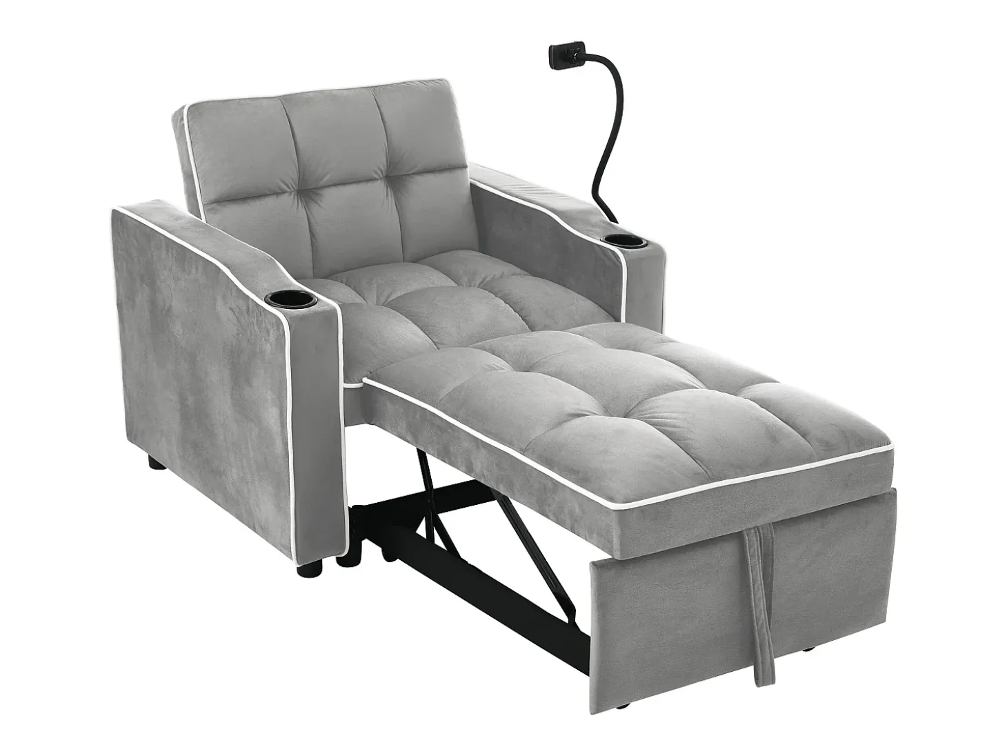 Sofá-cama de 1 lugar com porta-copos e suporte para telefone - 83 x 75 x 167 cm - Veludo - Cinza
