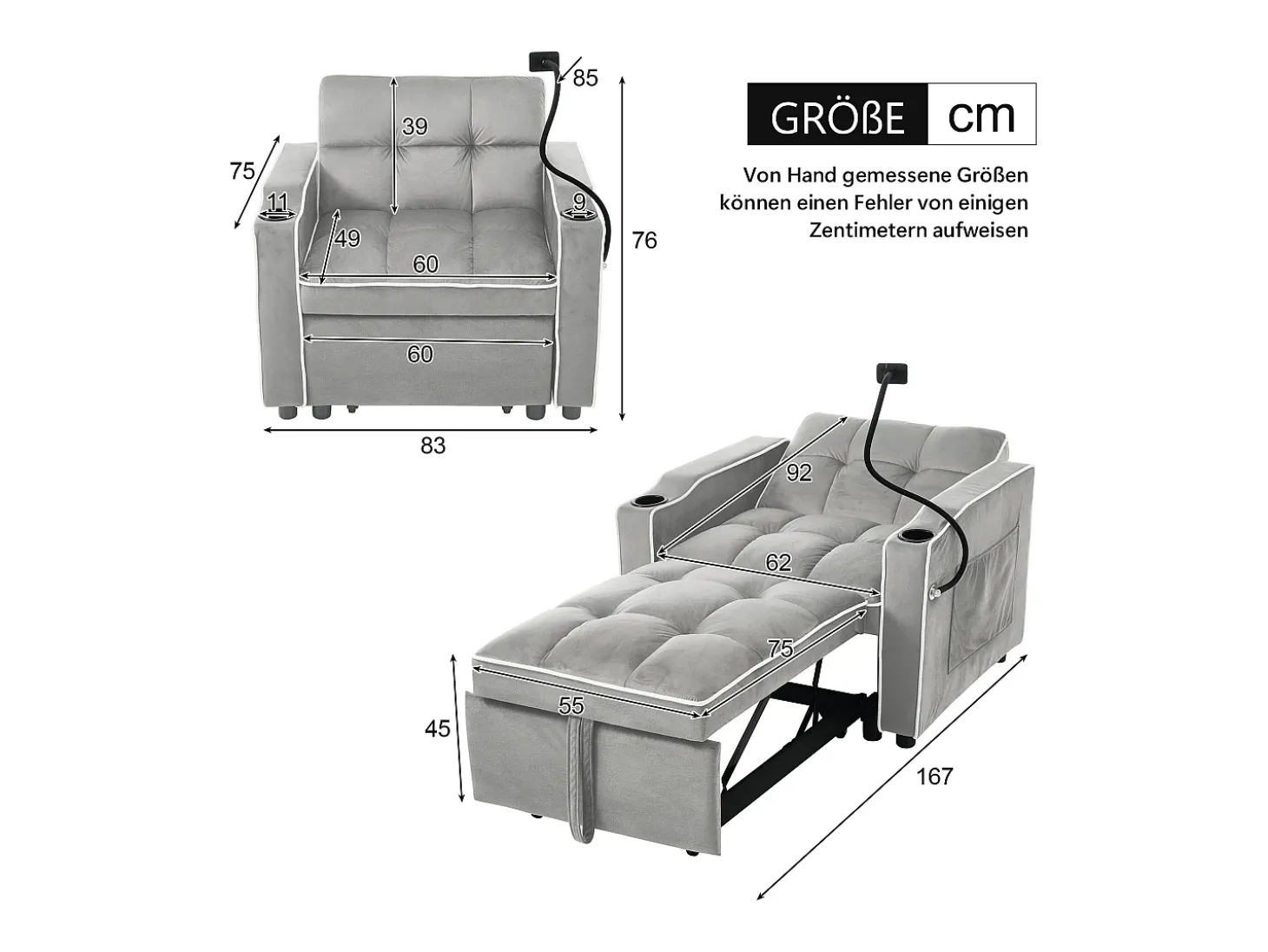 Sofá-cama de 1 lugar com porta-copos e suporte para telefone - 83 x 75 x 167 cm - Veludo - Cinza