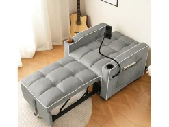 Sofá-cama de 1 lugar com porta-copos e suporte para telefone - 83 x 75 x 167 cm - Veludo - Cinza