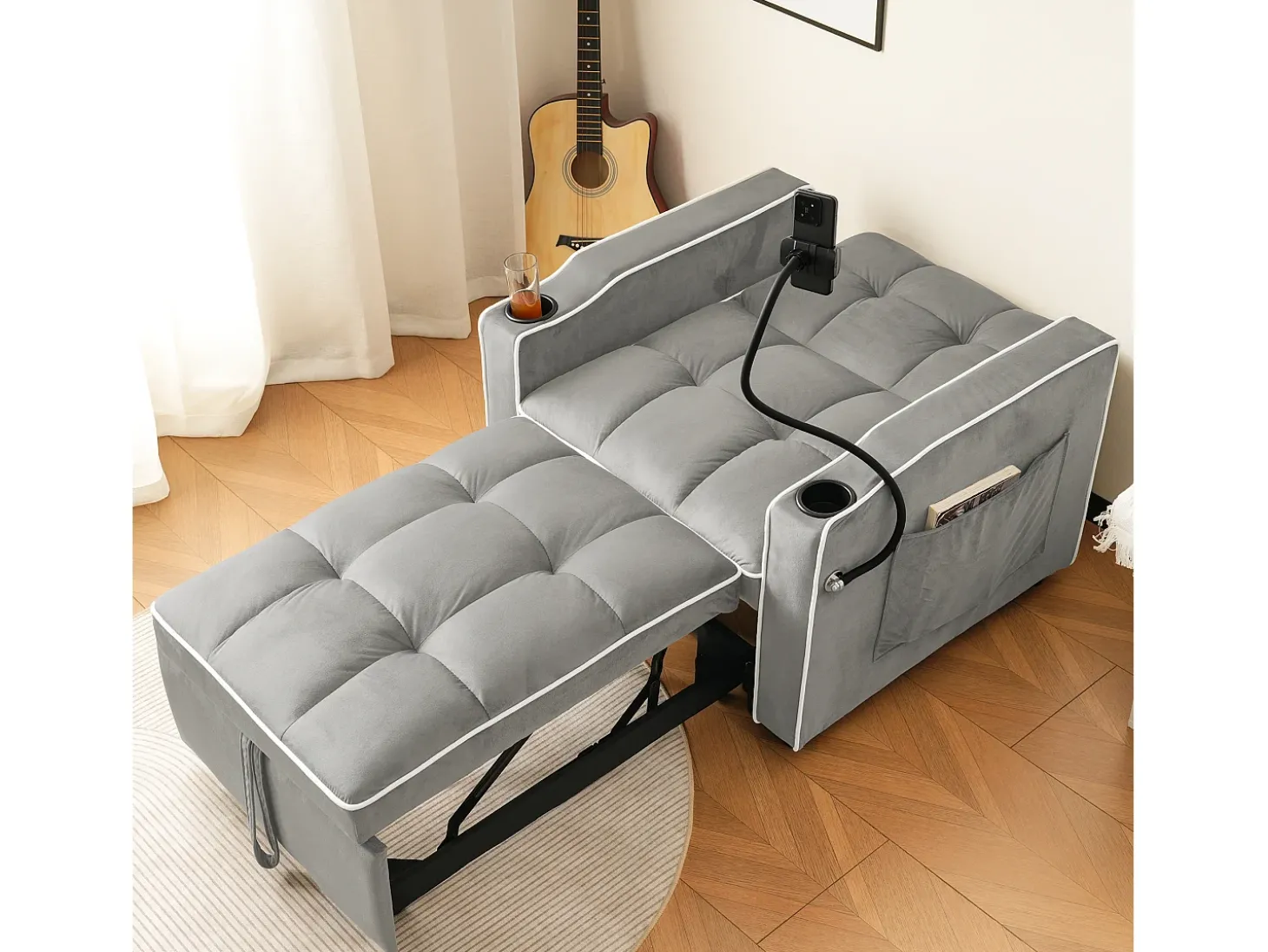 Sofá-cama de 1 lugar com porta-copos e suporte para telefone - 83 x 75 x 167 cm - Veludo - Cinza