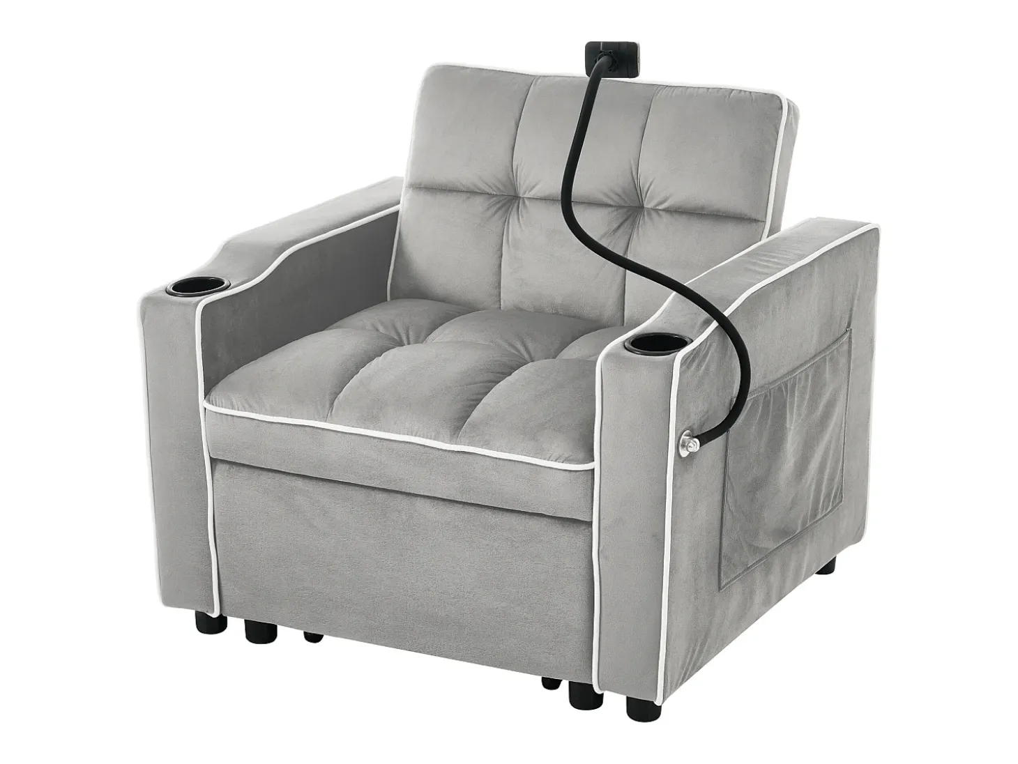 Sofá-cama de 1 lugar com porta-copos e suporte para telefone - 83 x 75 x 167 cm - Veludo - Cinza