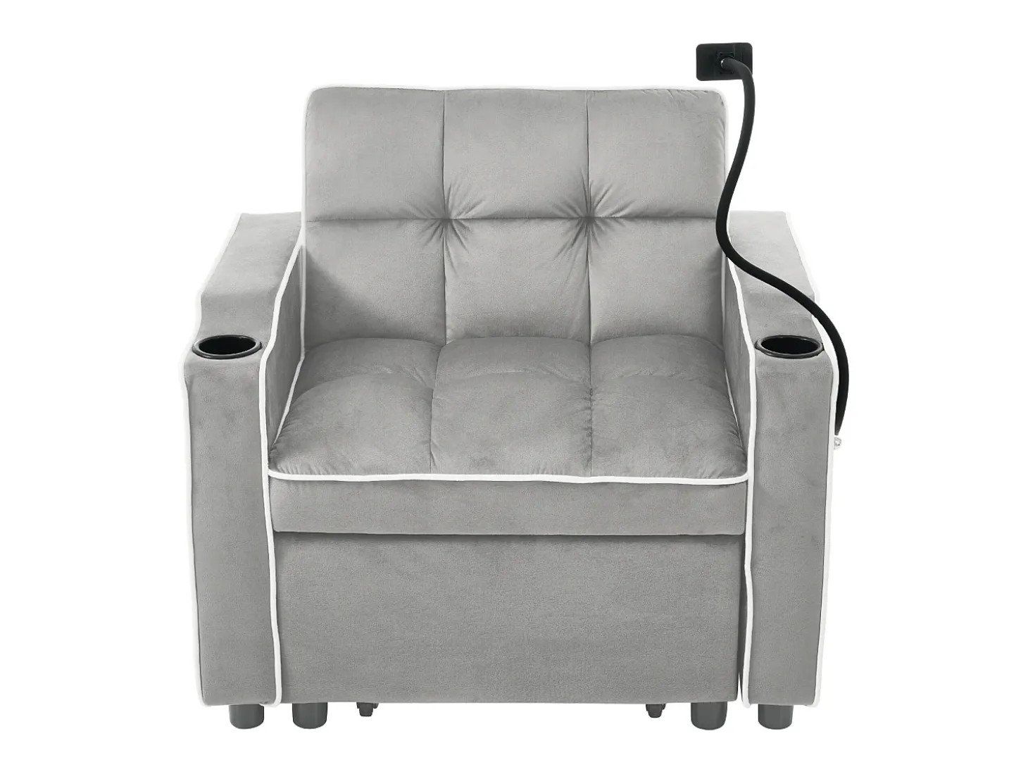 Sofá-cama de 1 lugar com porta-copos e suporte para telefone - 83 x 75 x 167 cm - Veludo - Cinza