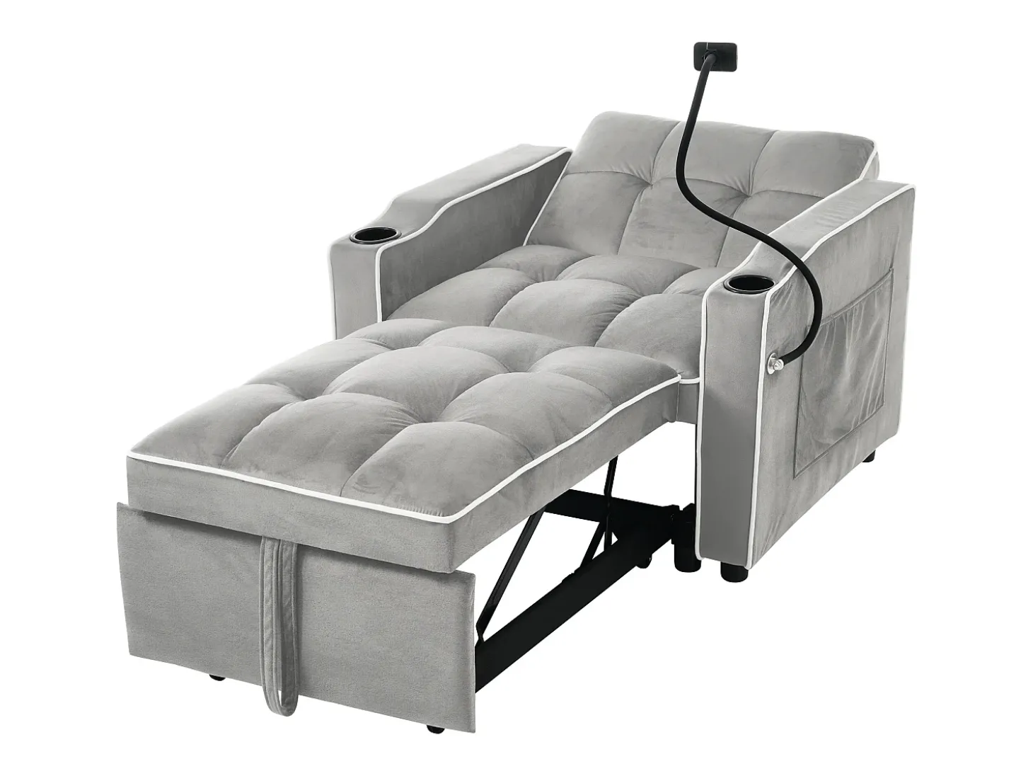 Sofá-cama de 1 lugar com porta-copos e suporte para telefone - 83 x 75 x 167 cm - Veludo - Cinza