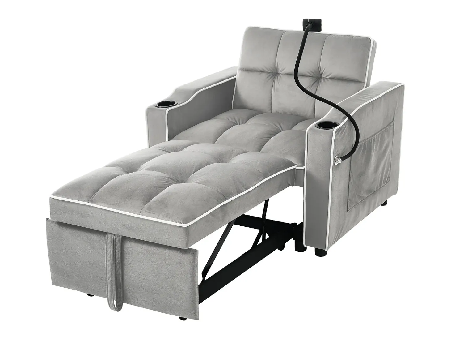 Sofá-cama de 1 lugar com porta-copos e suporte para telefone - 83 x 75 x 167 cm - Veludo - Cinza