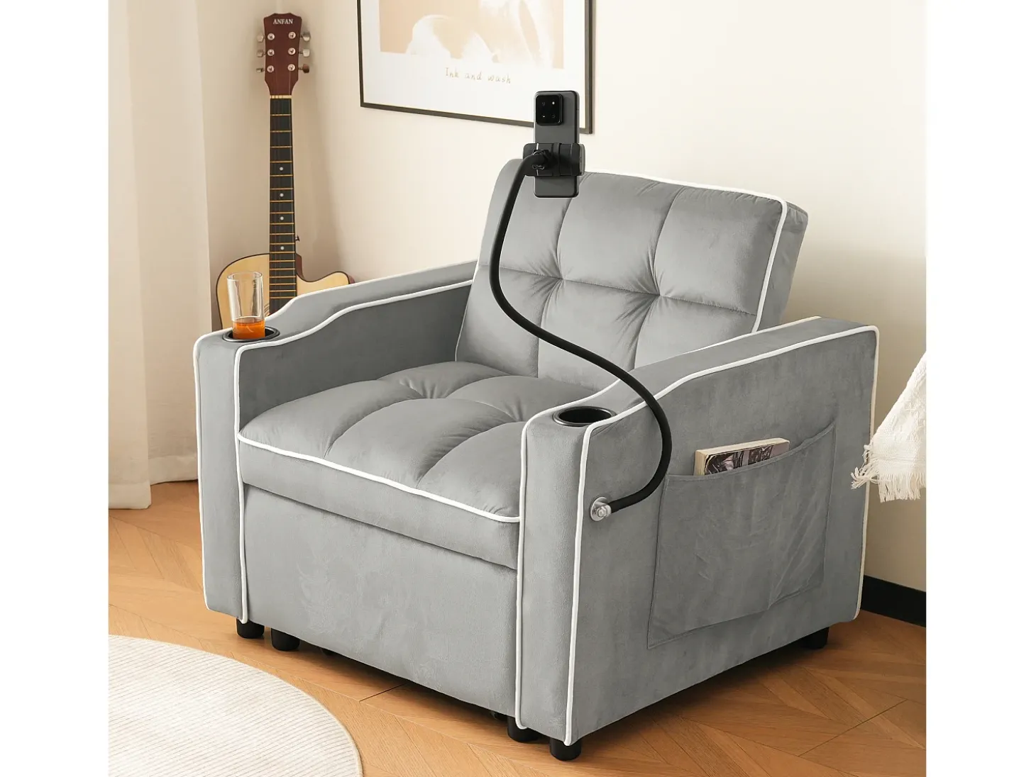 Sofá-cama de 1 lugar com porta-copos e suporte para telefone - 83 x 75 x 167 cm - Veludo - Cinza