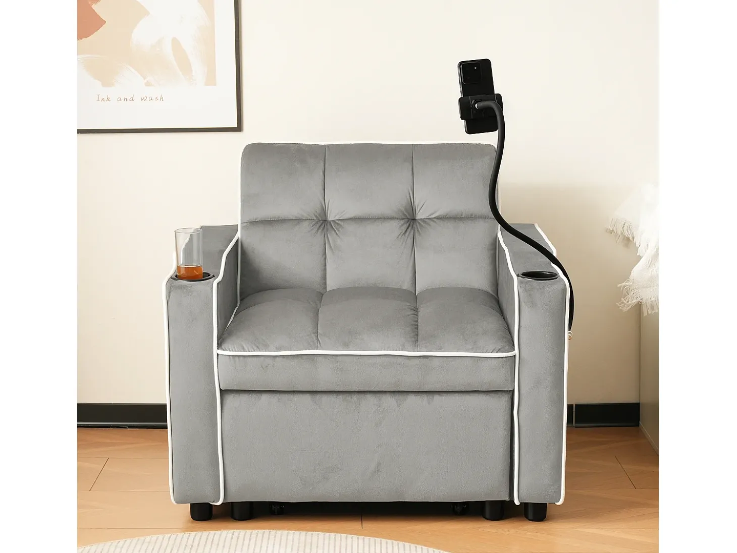 Sofá-cama de 1 lugar com porta-copos e suporte para telefone - 83 x 75 x 167 cm - Veludo - Cinza
