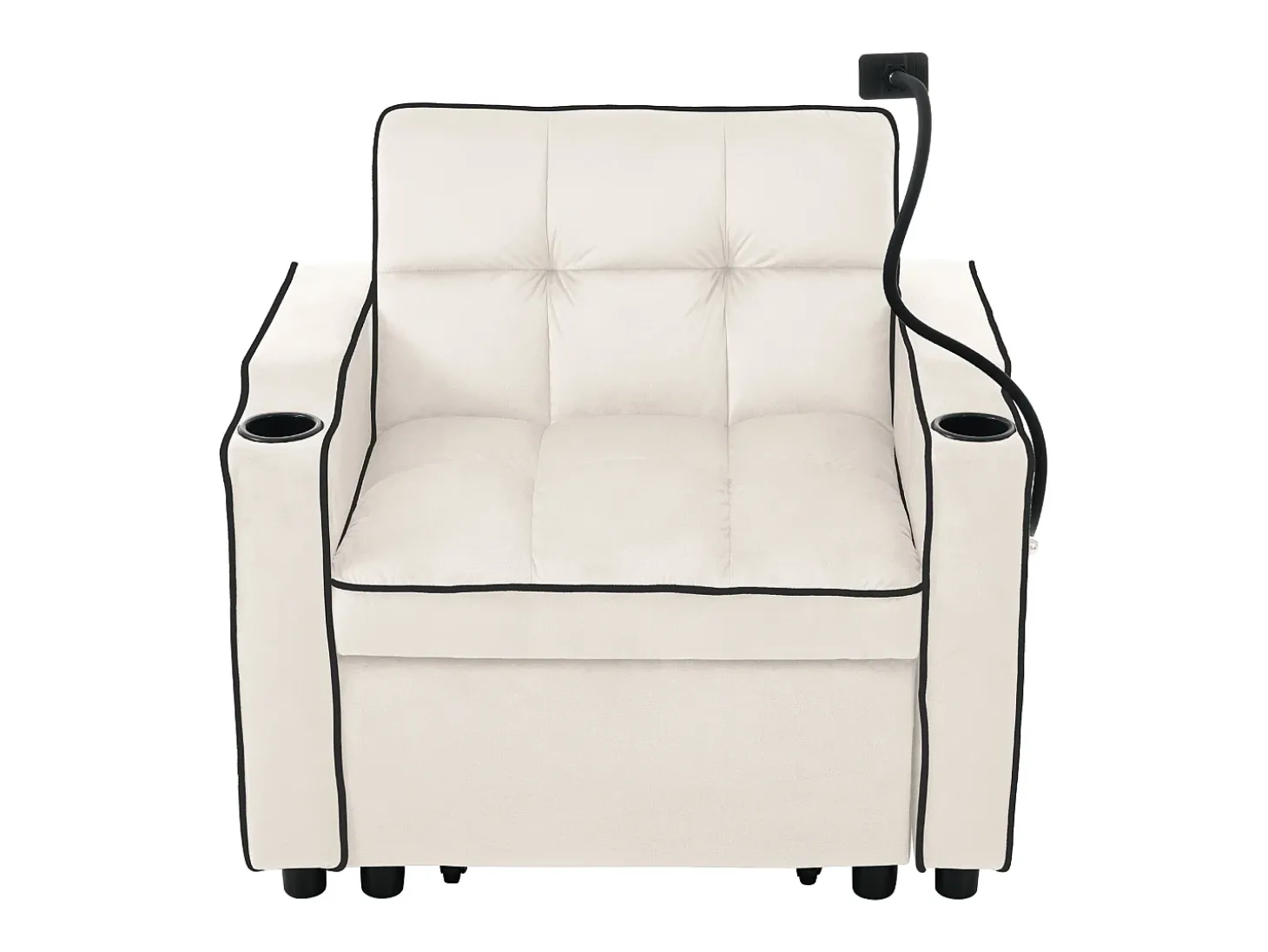 Sofá-cama de 1 lugar com porta-copos e suporte para telefone - 83 x 75 x 167 cm - Veludo - Bege