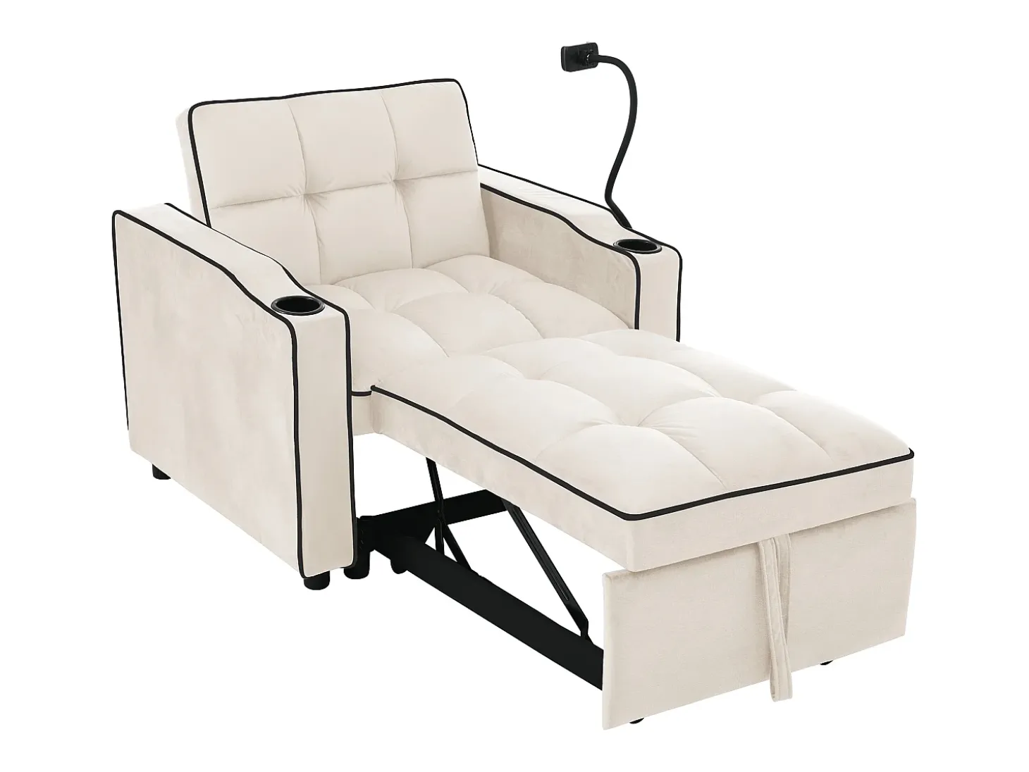 Sofá-cama de 1 lugar com porta-copos e suporte para telefone - 83 x 75 x 167 cm - Veludo - Bege
