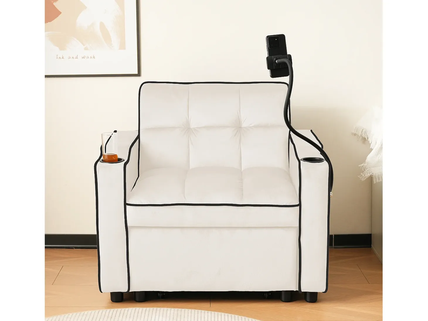 Sofá-cama de 1 lugar com porta-copos e suporte para telefone - 83 x 75 x 167 cm - Veludo - Bege