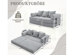 Sofá-cama de 3 lugares - 200 x 94 x 67 cm - com bolsos laterais + 3 almofadas - veludo - cinza claro