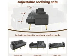 Sofá-cama de 2 lugares - 175 x 80 x 73,5 cm - 3 posições reclináveis e com porta-copos - veludo - cinza