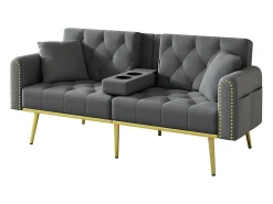 Sofá-cama de 2 lugares - 175 x 80 x 73,5 cm - 3 posições reclináveis e com porta-copos - veludo - cinza