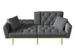 Sofá-cama de 2 lugares - 175 x 80 x 73,5 cm - 3 posições reclináveis e com porta-copos - veludo - cinza