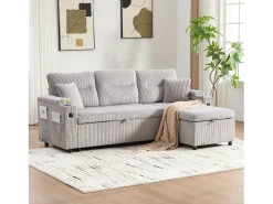 Sofá-cama de 3 lugares - 212,5 x 136 x 86 cm - com porta-copos + porta USB + espaço de armazenamento - sofá-cama retrátil - linho - cinza claro