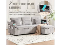 Sofá-cama de 3 lugares - 212,5 x 136 x 86 cm - com porta-copos + porta USB + espaço de armazenamento - sofá-cama retrátil - linho - cinza claro