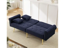 Sofá-cama de 2 lugares - 173 x 75 x 70 cm - Encosto ajustável em 3 posições + pés de metal dourado - veludo - azul escuro