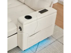 Sofá-cama de 3 lugares - 208 x 146 x 89,5 cm - com arrumação integrada + luzes LED - Tecido - bege