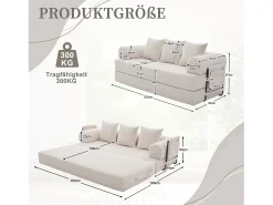 Sofá-cama de 3 lugares - 200 x 94 x 67 cm - com bolsos laterais + 3 almofadas - veludo - bege