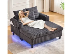 Sofá-cama de 3 lugares - 142 x 128 x 85 cm - com porta-copos + portas USB + LEDs - veludo - cinza escuro