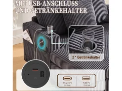 Sofá-cama de 3 lugares - 142 x 128 x 85 cm - com porta-copos + portas USB + LEDs - veludo - cinza escuro