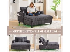 Sofá-cama de 3 lugares - 142 x 128 x 85 cm - com porta-copos + portas USB + LEDs - veludo - cinza escuro
