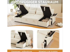 Sofá-cama de 4 lugares - 272 x 131 x 84 cm - com porta-copos + espaço de armazenamento + almofadas - veludo - bege