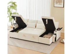 Sofá-cama de 4 lugares - 272 x 131 x 84 cm - com porta-copos + espaço de armazenamento + almofadas - veludo - bege