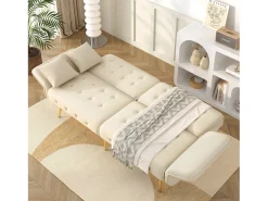 Sofá-cama de 2 lugares - 178 x 82 x 70 cm - com encosto e braços ajustáveis - veludo - bege