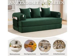 Sofá-cama de 3 lugares - 200 x 94 x 67 cm - com bolsos laterais + 3 almofadas - veludo - verde