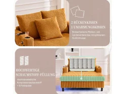 Sofá-cama de 3 lugares - 142 x 128 x 85 cm - com porta-copos + portas USB + LEDs - veludo - amarelo