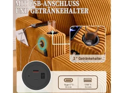 Sofá-cama de 3 lugares - 142 x 128 x 85 cm - com porta-copos + portas USB + LEDs - veludo - amarelo