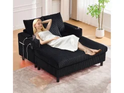 Sofá-cama de 3 lugares - 142 x 128 x 85 cm - com porta-copos + portas USB + LEDs - veludo - preto