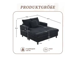 Sofá-cama de 3 lugares - 142 x 128 x 85 cm - com porta-copos + portas USB + LEDs - veludo - preto