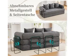 Sofá-cama de 3 lugares - 200 x 94 x 67 cm - com bolsos laterais + 3 almofadas - veludo - cinza escuro