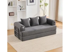 Sofá-cama de 3 lugares - 200 x 94 x 67 cm - com bolsos laterais + 3 almofadas - veludo - cinza escuro