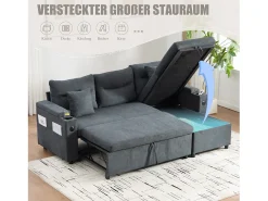 Sofá-cama de 3 lugares - 212,5 x 136 x 86 cm - com porta-copos + porta USB + espaço de armazenamento - sofá-cama retrátil - linho - cinza escuro