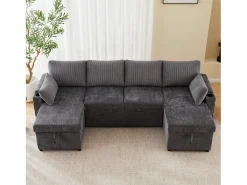 Sofá-cama de 4 lugares - 272 x 131 x 84 cm - com porta-copos + espaço de armazenamento + almofadas - veludo - cinza