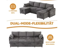 Sofá-cama de 4 lugares - 272 x 131 x 84 cm - com porta-copos + espaço de armazenamento + almofadas - veludo - cinza