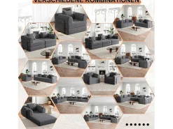 Sofá-cama de 3 lugares com conversão rápida em tecido chenille cinzento - Várias combinações