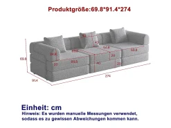 Sofá-cama de 3 lugares com conversão rápida em tecido chenille cinzento - Várias combinações