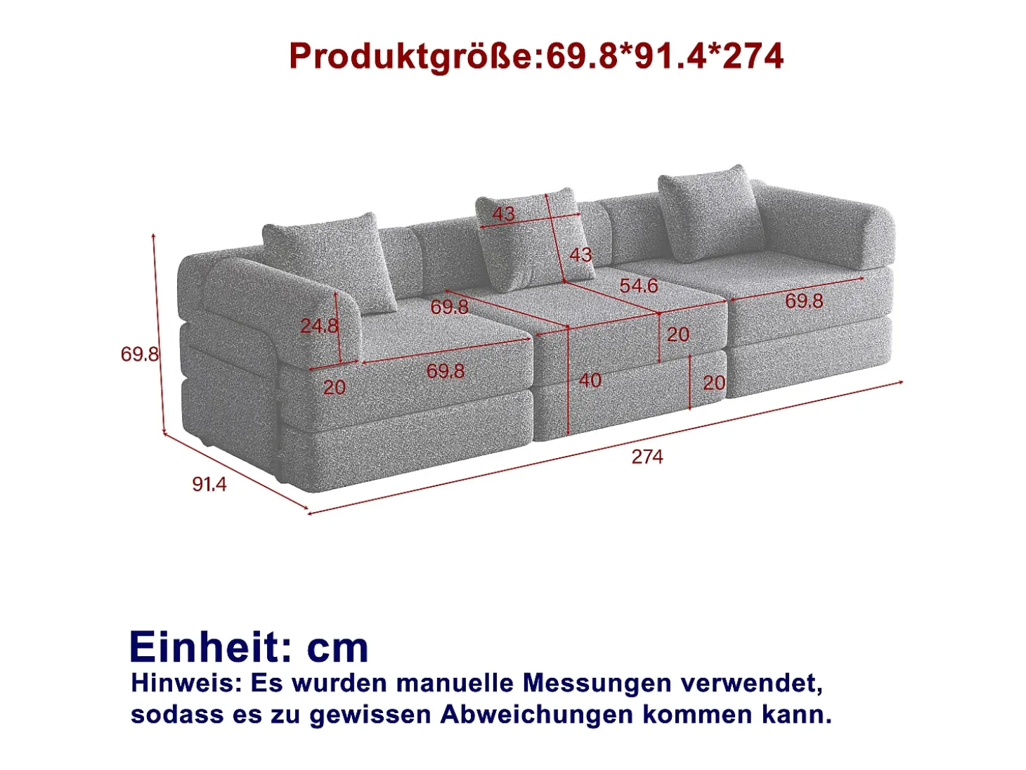 Sofá-cama de 3 lugares com conversão rápida em tecido chenille cinzento - Várias combinações