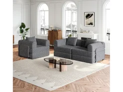 Sofá-cama de 3 lugares com conversão rápida em tecido chenille cinzento - Várias combinações